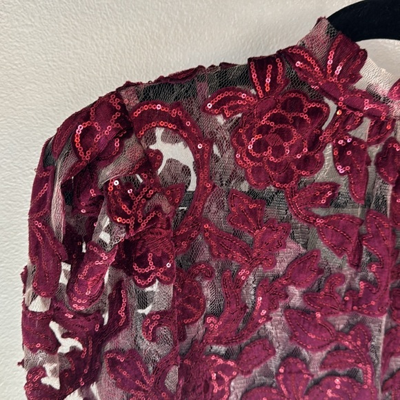NWT Anthropologie Lace/Sequence Tie Back Puff Sleeve Burgundy Top, XXS petite - Picture 4 of 12